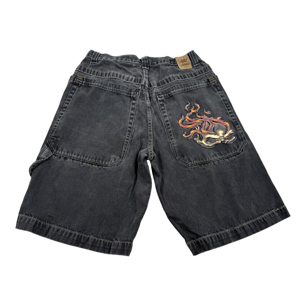 JNCO Shorts Mens 32 Black Denim Flame Skull Embroidered Bermuda Relaxed Zip Fly
